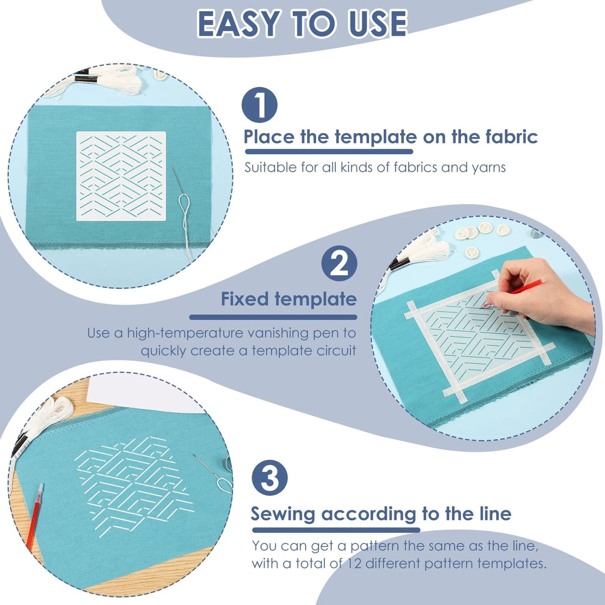 Sashiko Embroidery Stencil Kit 12 Piece Set | Reusable Templates with Thread, Needles & Thimble | Beginner Hand Stitching 6