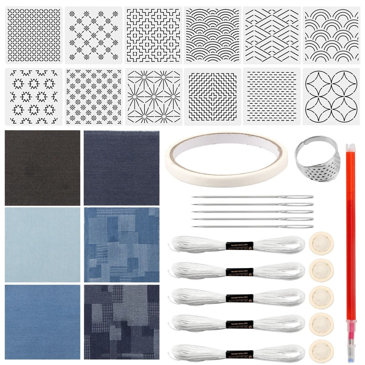 Sashiko Embroidery Stencil Kit 12 Piece Set | Reusable Templates with Thread, Needles & Thimble | Beginner Hand Stitching 8