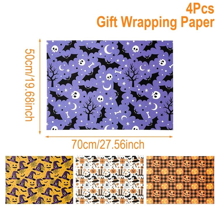 Halloween Wrapping Paper Ghost Pumpkin Bat Pattern | 4 Sheet Tissue Paper Pack | Lightweight Craft & Gift Wrap Sheets 7