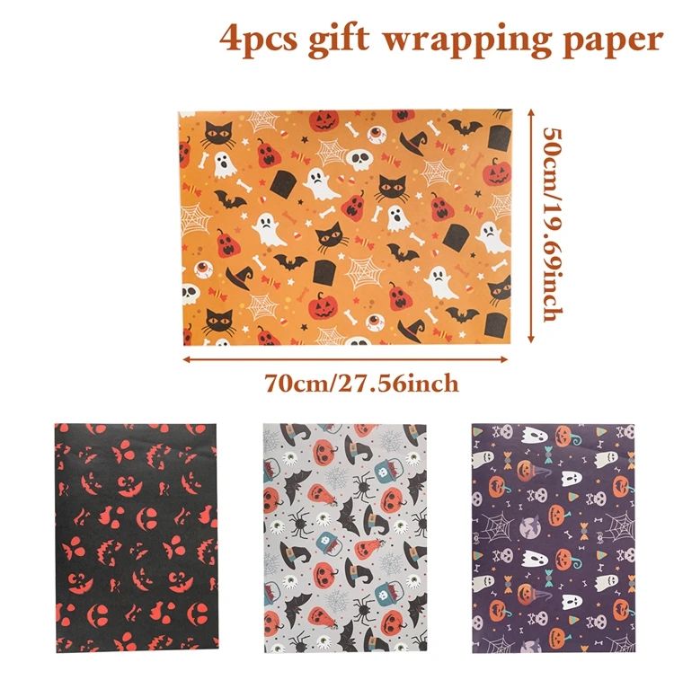 Halloween Wrapping Paper Ghost Pumpkin Bat Pattern | 4 Sheet Tissue Paper Pack | Lightweight Craft & Gift Wrap Sheets 9