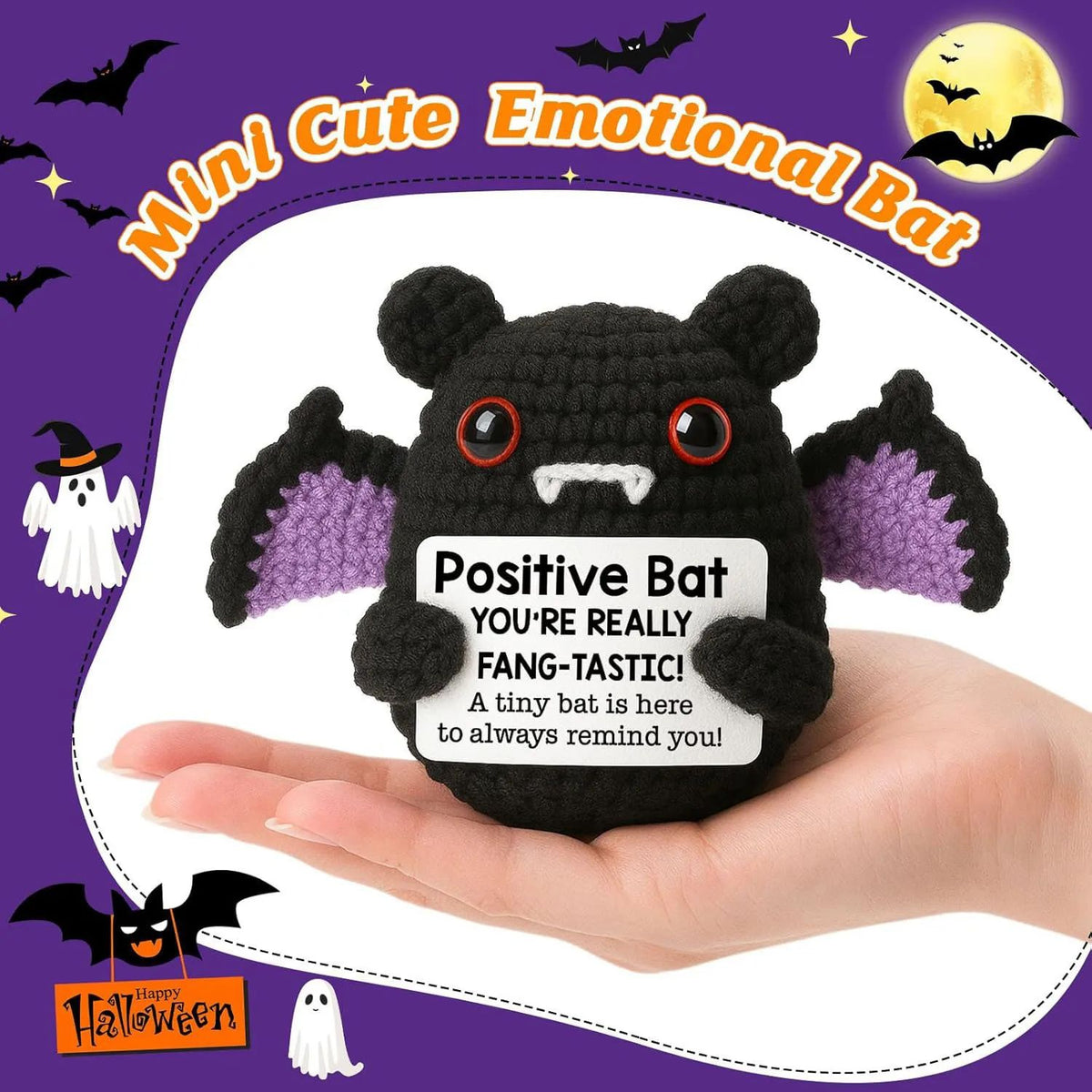 Crochet Bat Doll Halloween Decor | Includes Encouragement Card | Knitted Design for Desk, Shelf or Room Display 2