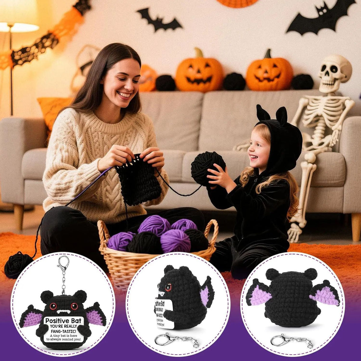 Crochet Bat Doll Halloween Decor | Includes Encouragement Card | Knitted Design for Desk, Shelf or Room Display 3