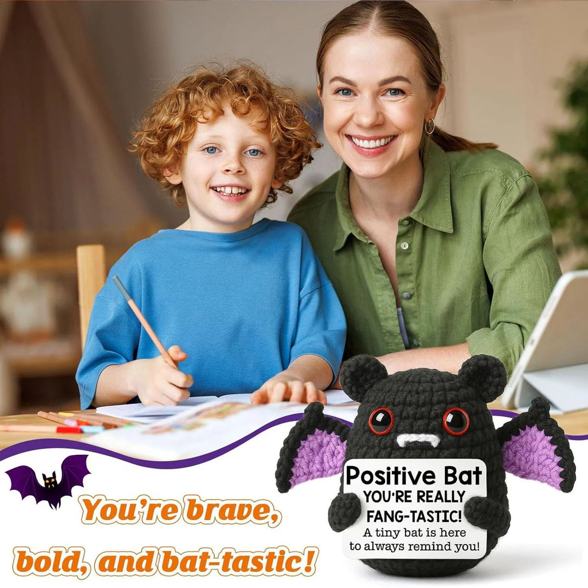Crochet Bat Doll Halloween Decor | Includes Encouragement Card | Knitted Design for Desk, Shelf or Room Display 4