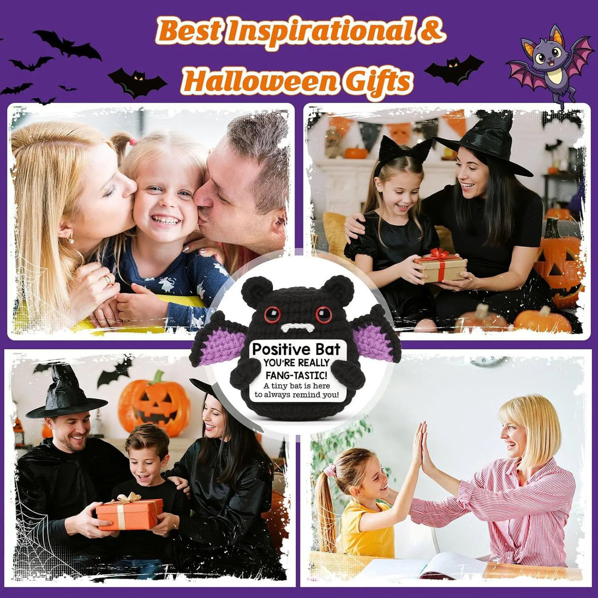 Crochet Bat Doll Halloween Decor | Includes Encouragement Card | Knitted Design for Desk, Shelf or Room Display 5