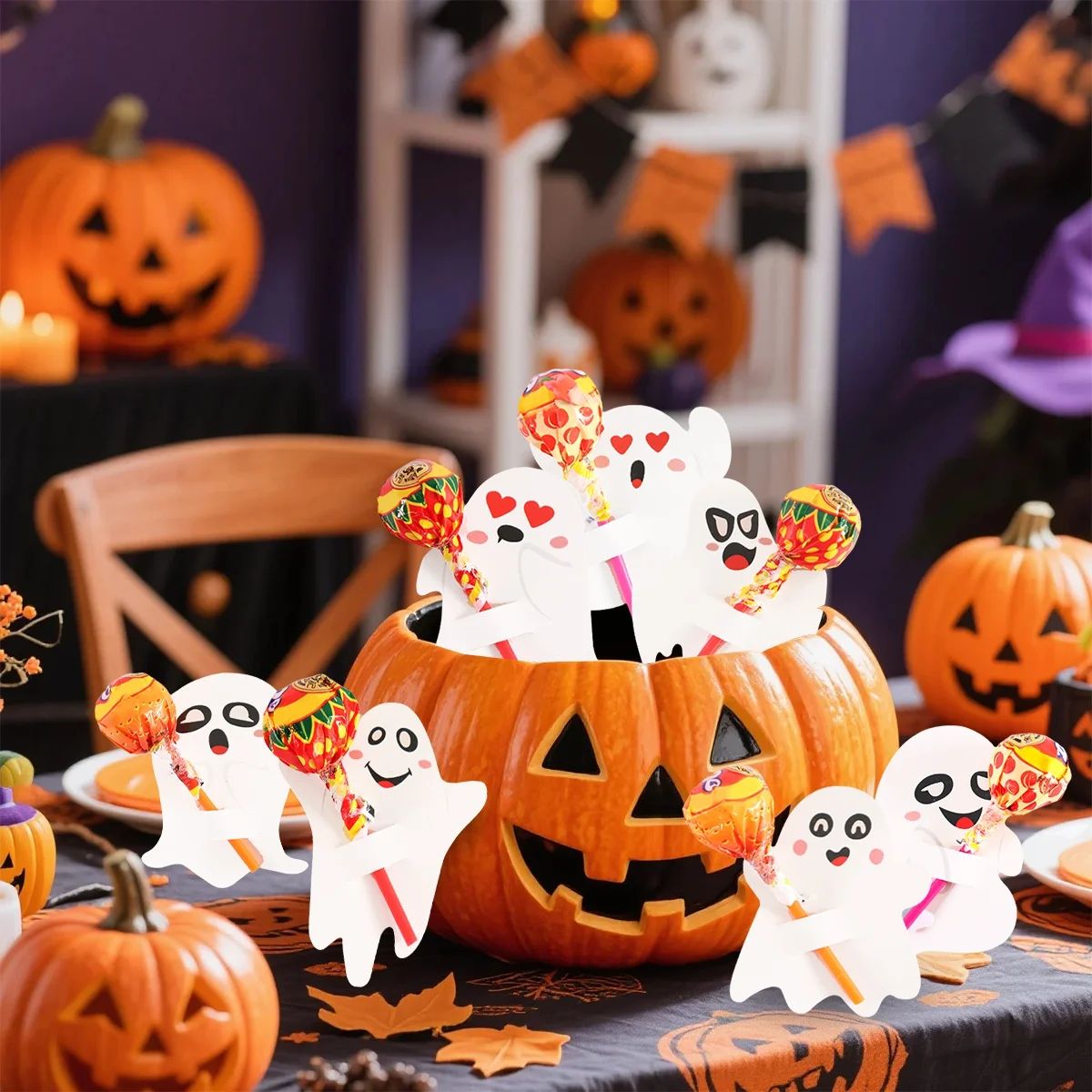 Ghost Halloween Lollipop Holders | 48-Piece Paper Party Favours | Ready-Made Trick-or-Treat Candy Wrapping Set 4