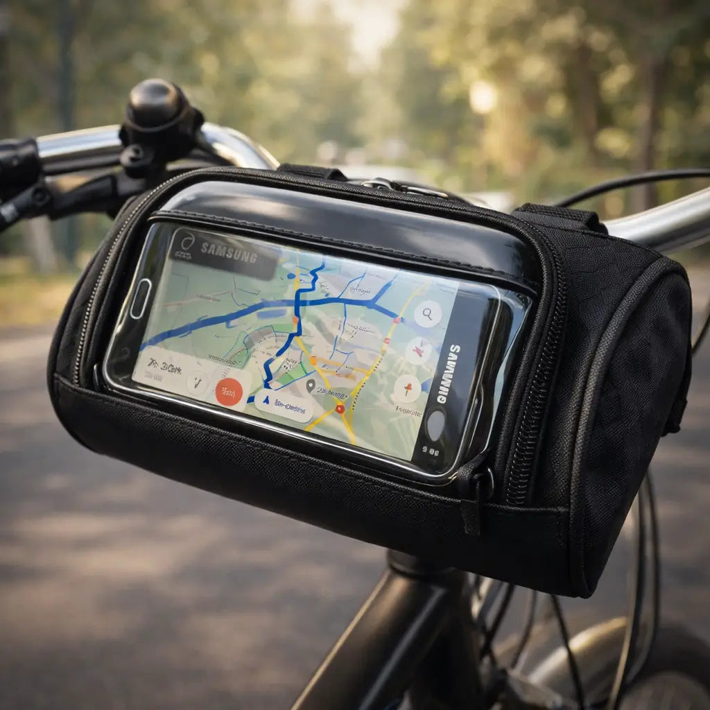 Bike Handlebar Storage Bag | Touchscreen Phone Window, 22 x 12 x 12.5 cm | Waterproof Nylon, Hook-and-Loop Mount 1