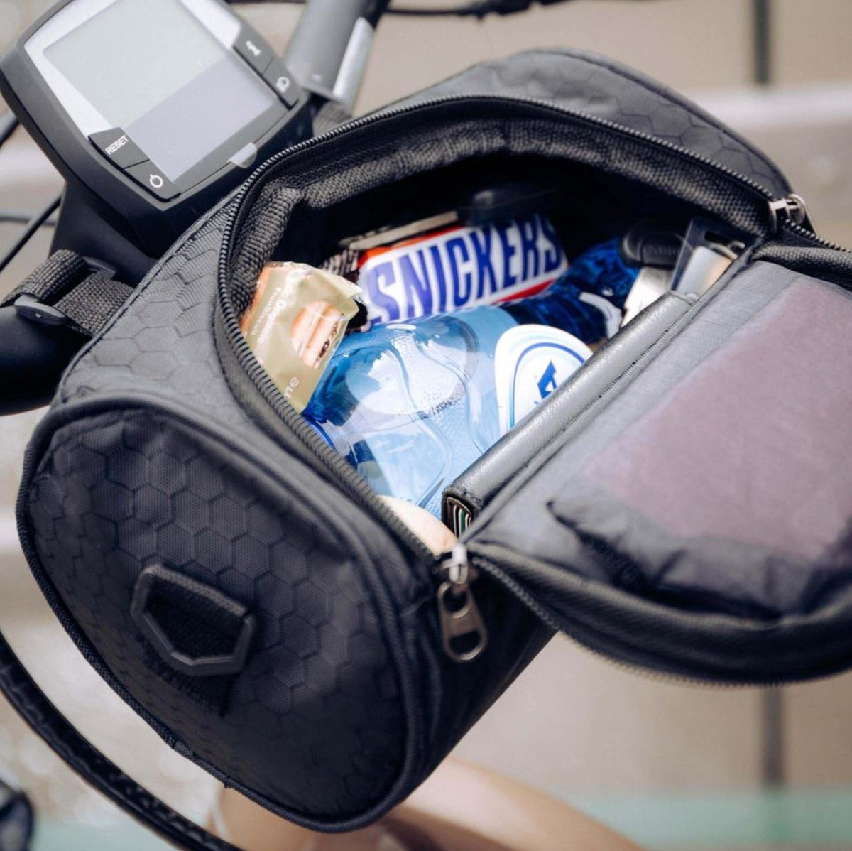 Bike Handlebar Storage Bag | Touchscreen Phone Window, 22 x 12 x 12.5 cm | Waterproof Nylon, Hook-and-Loop Mount 12
