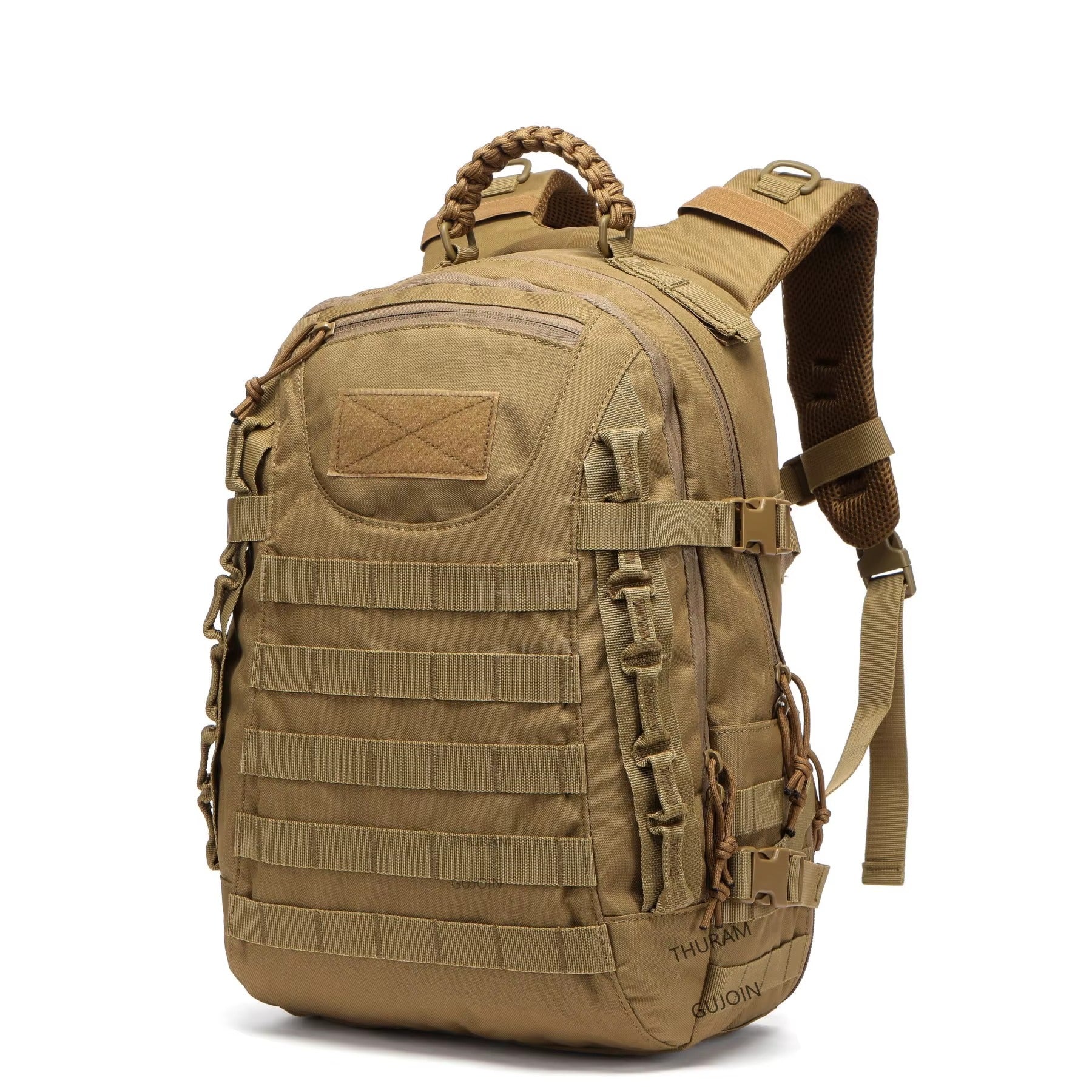 Tan tactical backpack on a white background