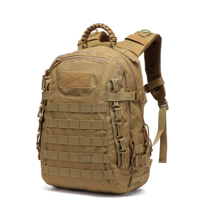 Tan tactical backpack on a white background