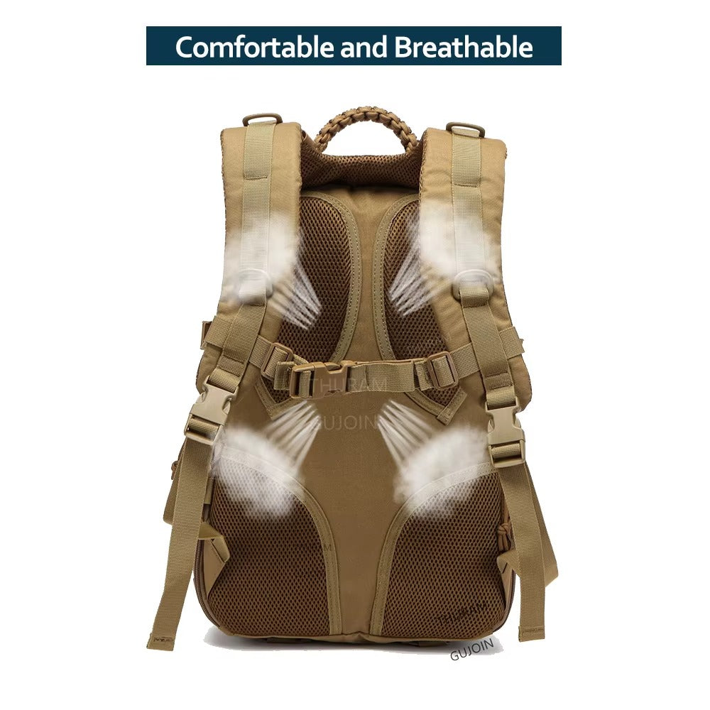 Tan backpack with breathable mesh on a white background