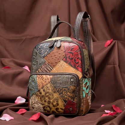 Vegan Leather Backpack | Embossed Floral Design With Pockets