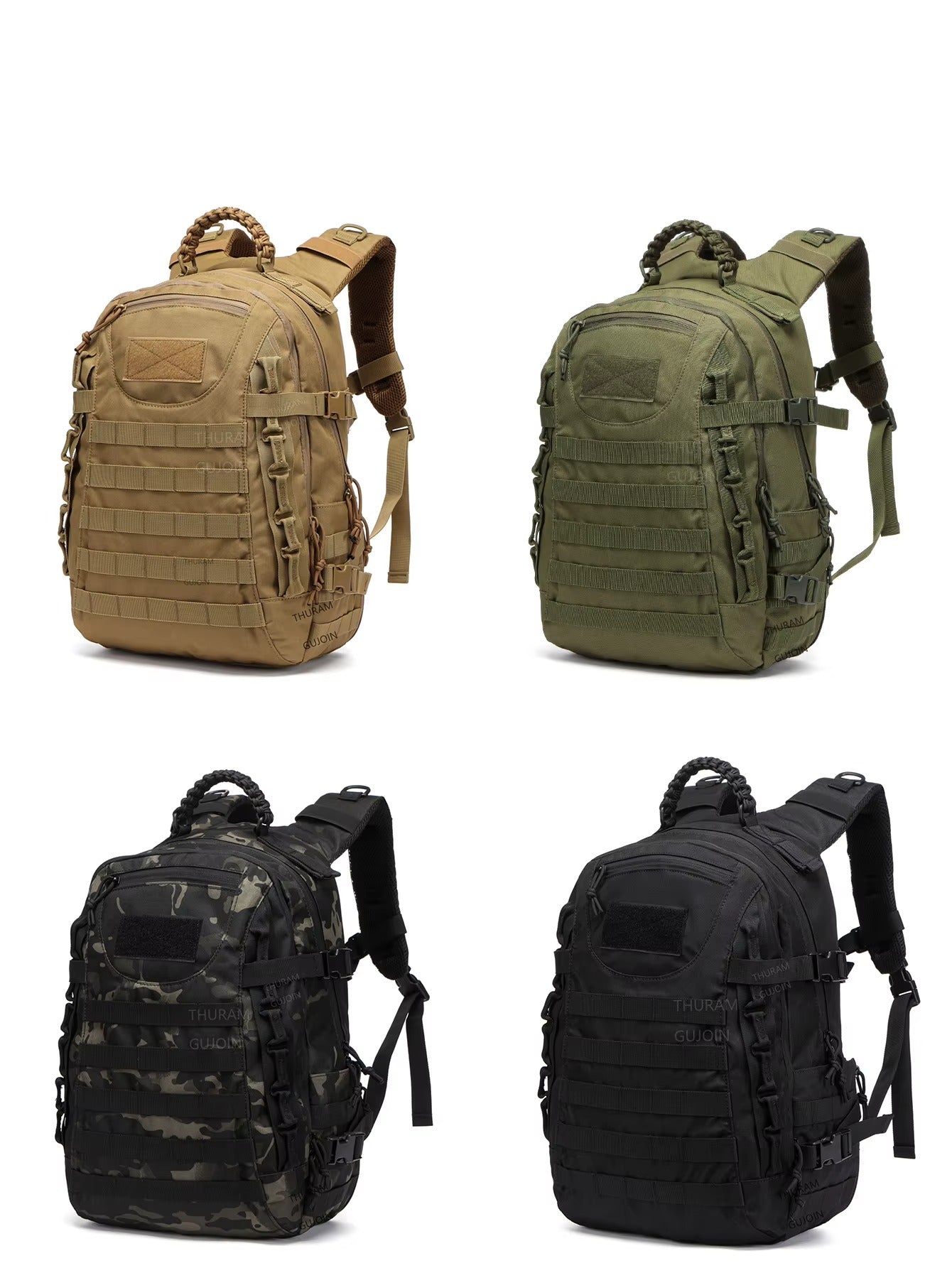 Four tactical backpacks in different colors on a white background