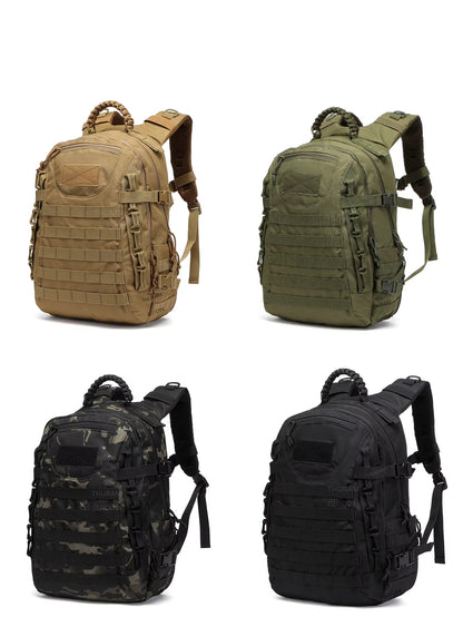 Four tactical backpacks in different colors on a white background
