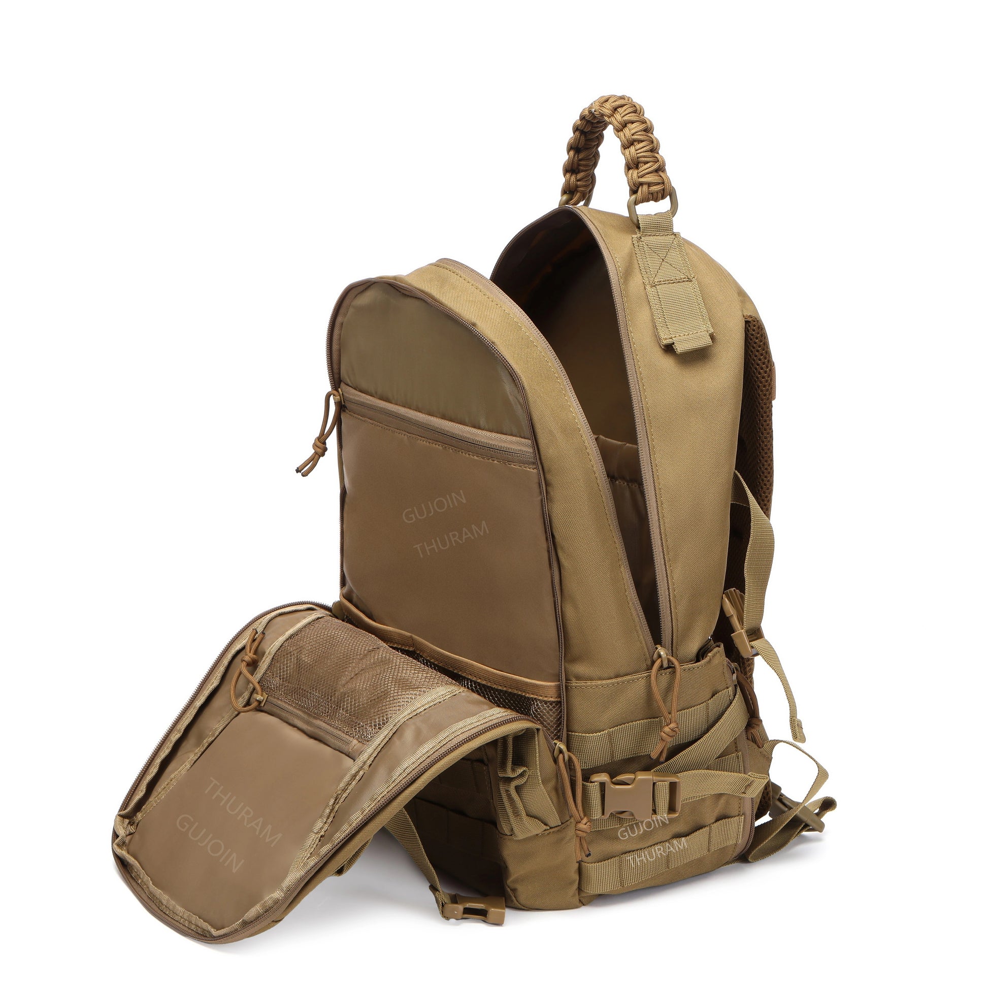 Tan backpack with multiple compartments on a white background