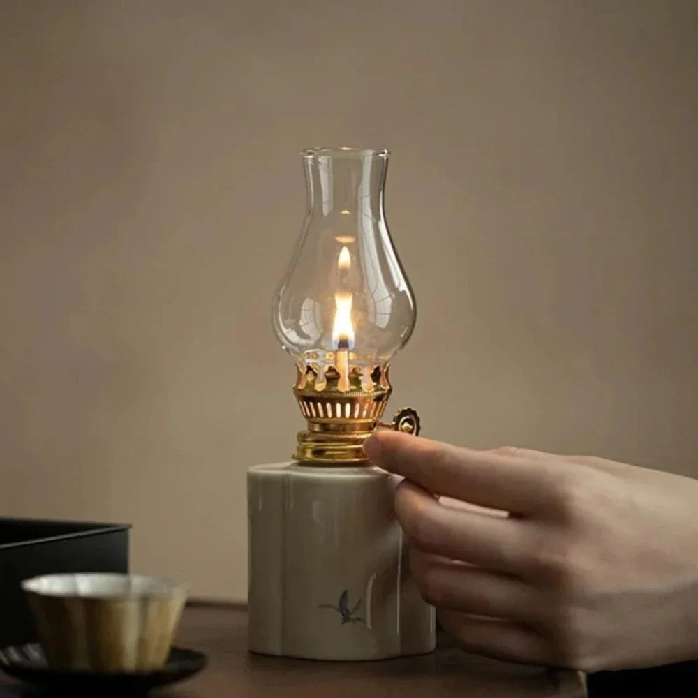 Ceramic Oil Lantern with Glass Shade, 18 cm | Adjustable Wick Flame, Bud or Classic Shape | Windproof Ambient Lighting 14
