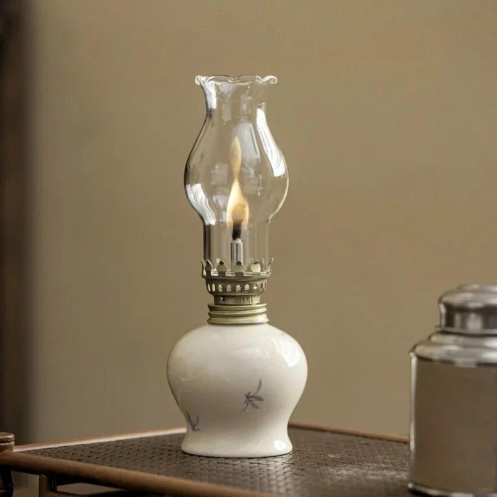 Ceramic Oil Lantern with Glass Shade, 18 cm | Adjustable Wick Flame, Bud or Classic Shape | Windproof Ambient Lighting 3
