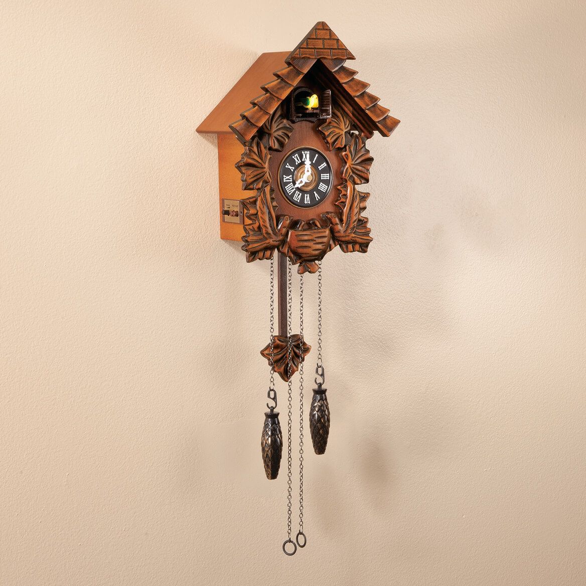 Cuckoo Clock Solid Wood 28 x 22 x 14 cm | Bird Call Chime, Adjustable Volume | Silent Night Mode, Wall Hanging Hook 1