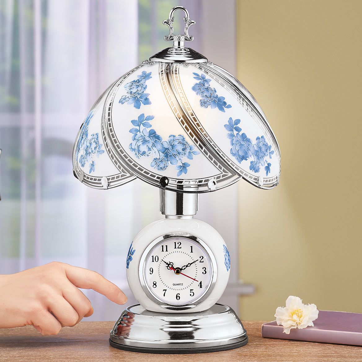 Floral Glass Touch Table Lamp with Clock, 23 cm Dia x 37 cm H | Blue or Lavender | 3-Level Touch Dimmer, Silver-Toned Base 1