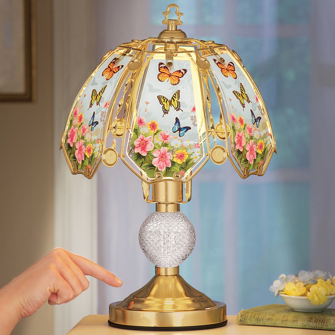 Touch Lamp Glass and Iron 27 cm x 42 cm | Butterfly Garden Glass, Gold-Toned Base | Three Brightness Levels, Touch On/Off 1