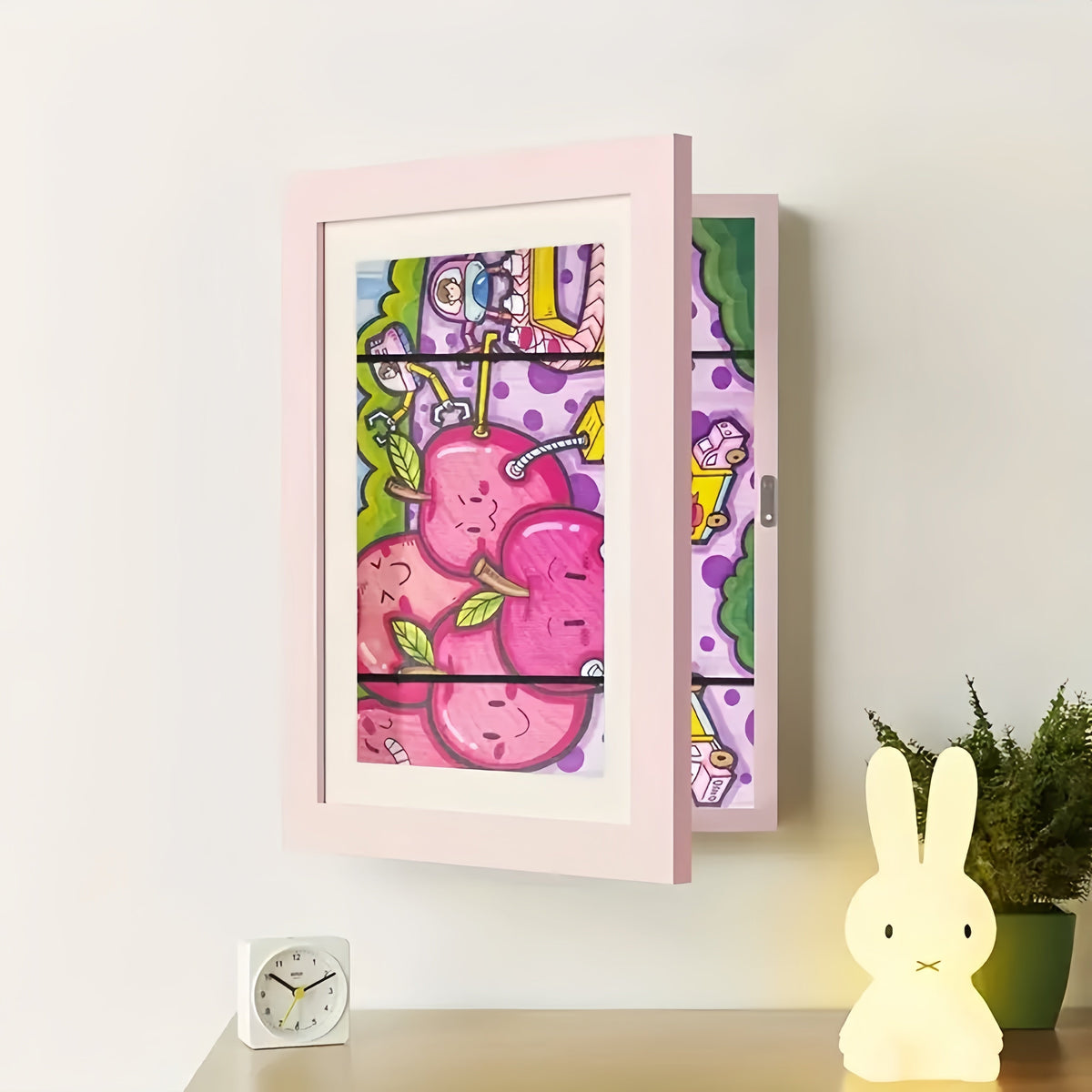 Kids Artwork Display Frame | Hidden Storage for 150 Pieces, Fits A4/US Letter | Magnetic Swap, White/Black/Wood 12