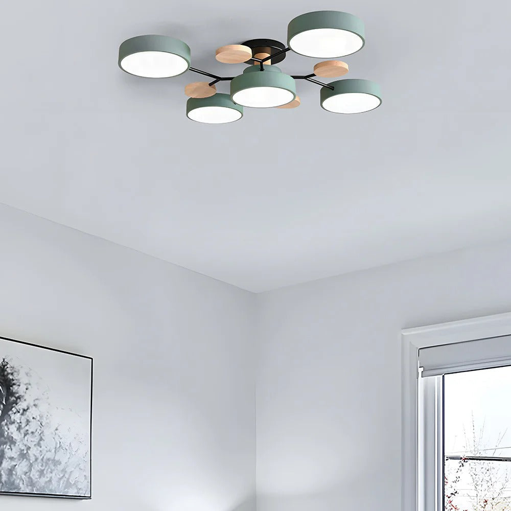 "Sleek modern halo LED semi-flush ceiling light, iron and acrylic build, perfect for contemporary living rooms or bedrooms."