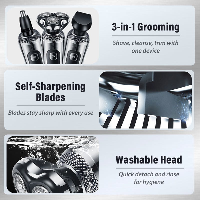 Men's 3-in-1 Electric Shaver | Floating Head, Detachable & Washable, Nose & Sideburn Trimmer | USB Rechargeable, 60 Min Runtime 7