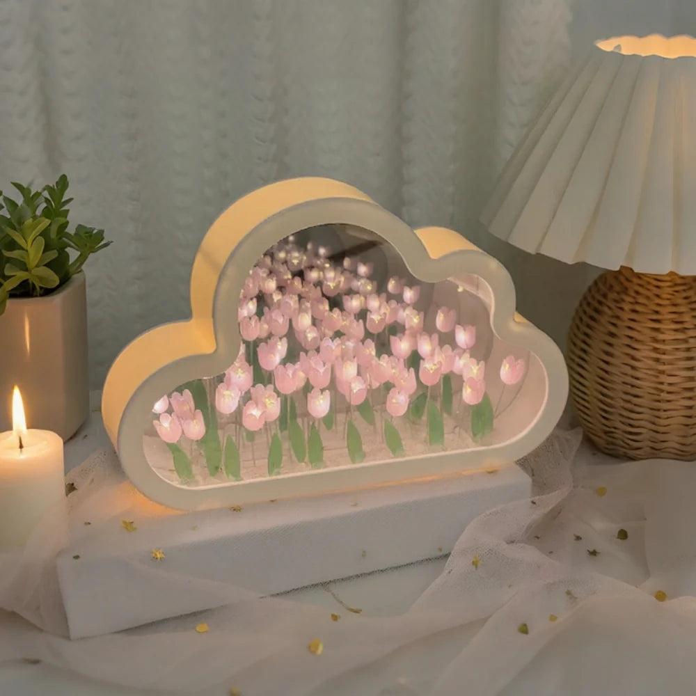 Tulip Cloud Night Light Acrylic | Mirrored Infinity Effect | 20 Warm White Tulips, Cordless, Medium & Large, 50-Hour Battery 1