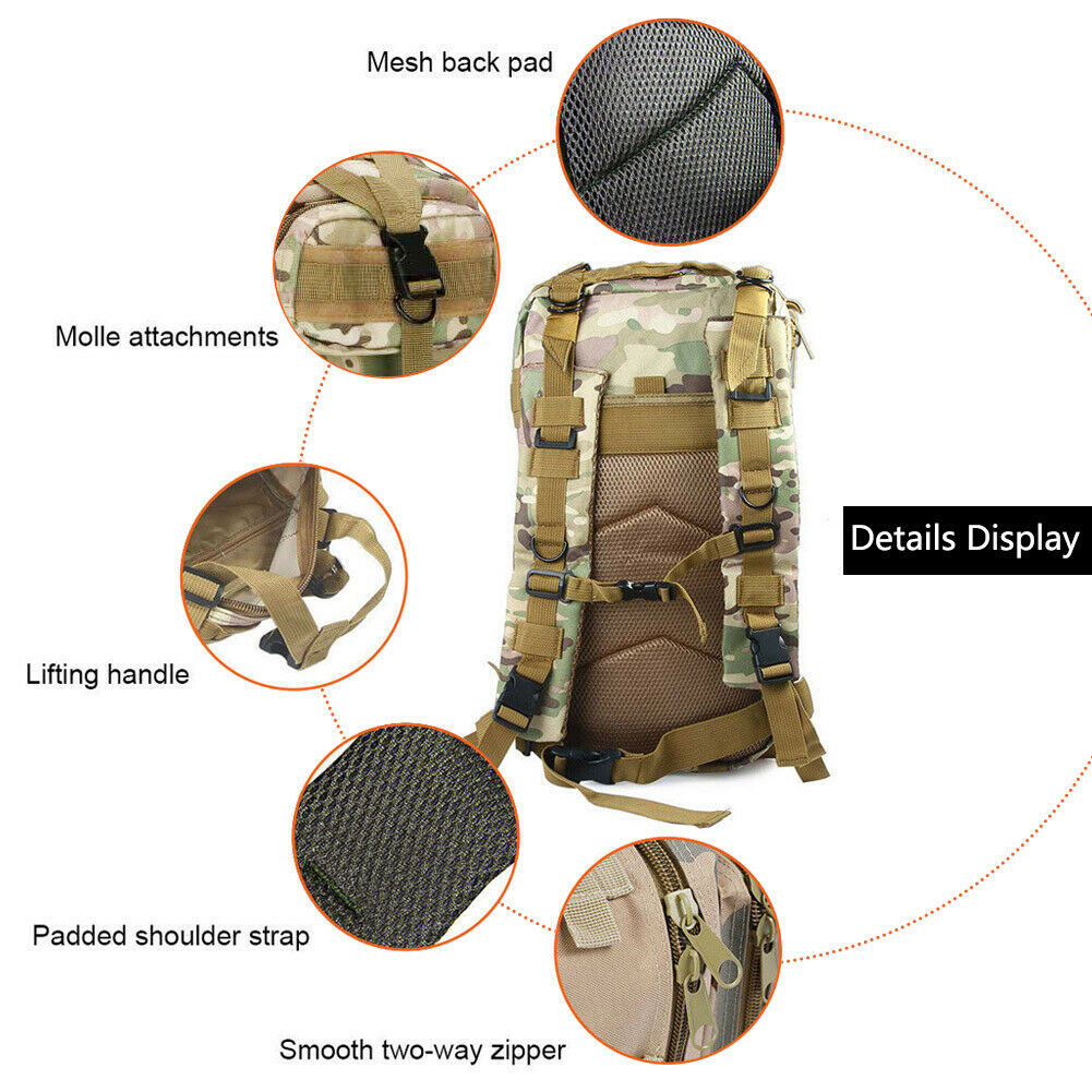 Tactical Rucksack Waterproof Fabric | 30 Litre Capacity, 45 x 23 x 25 cm | MOLLE Webbing, Compression Straps & Padded Back 5