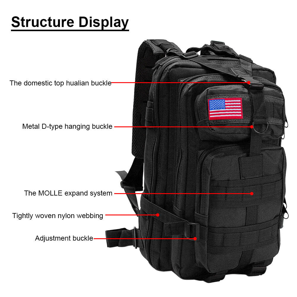 Tactical Rucksack Waterproof Fabric | 30 Litre Capacity, 45 x 23 x 25 cm | MOLLE Webbing, Compression Straps & Padded Back 7