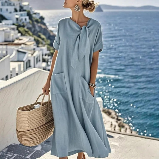Women's Maxi Dress – Chic Neck Tie, Functional Pockets, 100% Polyester