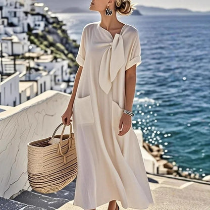 Women's Maxi Dress – Chic Neck Tie, Functional Pockets, 100% Polyester