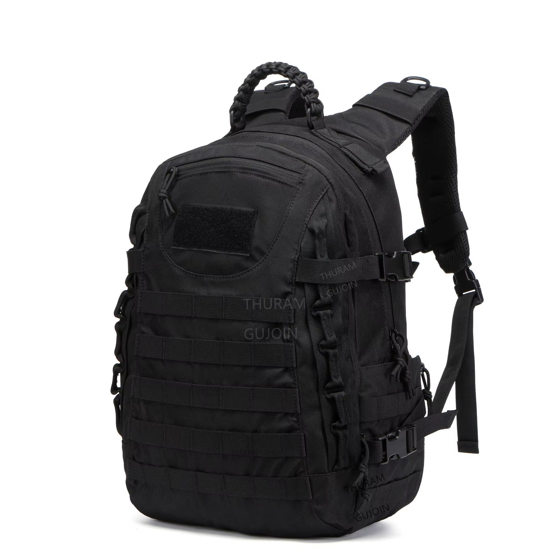 Black tactical backpack with visible branding on a white background