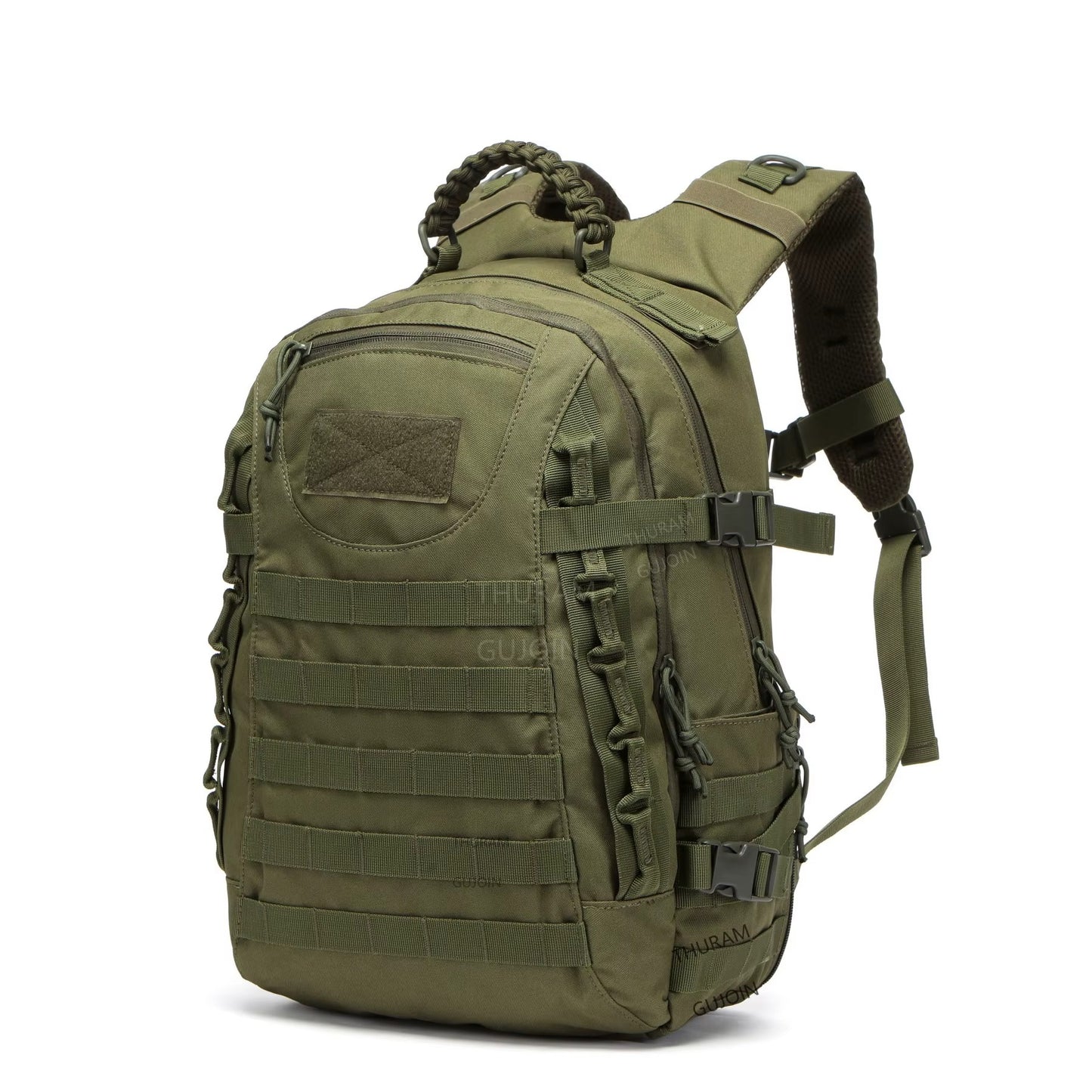 Green tactical backpack on a white background