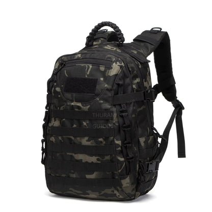 Camouflage backpack with visible branding on a white background