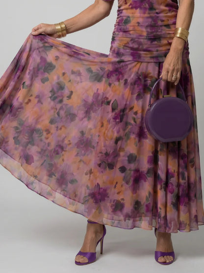 Women's Floral Print Maxi Dress – Pleated Waist V-Neck Full Length